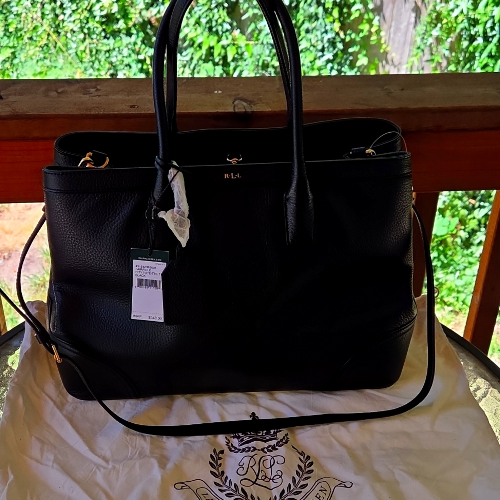 Ralph Lauren Black Leather Tote with Gold Accents